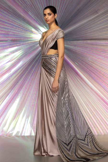 Amit Aggarwal Grey Organza, Chiffon, Striped Fabric Draped Saree And Moulded Blouse Set Online at Aza Fashions Amit Aggarwal_Grey Organza, Chiffon, Striped Fabric Draped Saree And Moulded Blouse Set _Online_at_Aza_Fashions