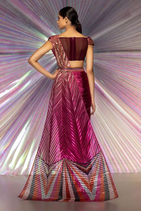 Shop Amit Aggarwal Pink Organza, Chiffon, Striped Fabric Draped Saree And Moulded Blouse Set at Aza Fashions Shop_Amit Aggarwal_Pink Organza, Chiffon, Striped Fabric Draped Saree And Moulded Blouse Set _at_Aza_Fashions