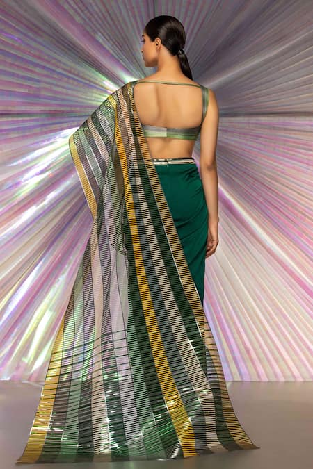Shop Amit Aggarwal Green Organza, Chiffon, Striped Structured Saree And Metallic Corded Blouse Set at Aza Fashions Shop_Amit Aggarwal_Green Organza, Chiffon, Striped Structured Saree And Metallic Corded Blouse Set _at_Aza_Fashions