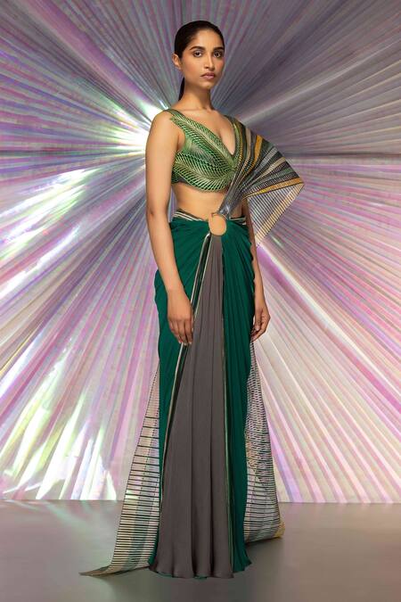 Amit Aggarwal Green Organza, Chiffon, Striped Structured Saree And Metallic Corded Blouse Set Online at Aza Fashions Amit Aggarwal_Green Organza, Chiffon, Striped Structured Saree And Metallic Corded Blouse Set _Online_at_Aza_Fashions