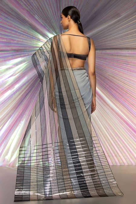 Shop_Amit Aggarwal_Grey Organza, Chiffon, Striped Structured Saree And Metallic Corded Blouse Set _at_Aza_Fashions