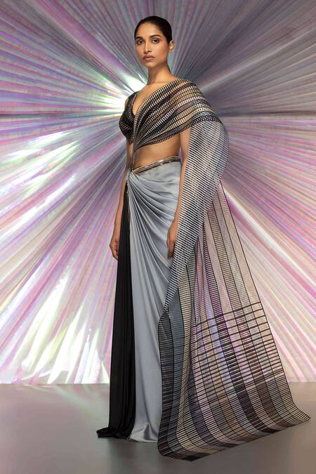 Buy_Amit Aggarwal_Grey Organza, Chiffon, Striped Structured Saree And Metallic Corded Blouse Set _Online_at_Aza_Fashions
