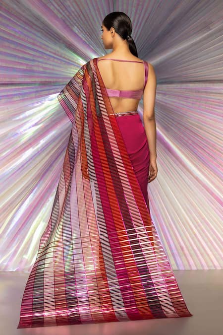 Shop Amit Aggarwal Pink Organza, Chiffon, Striped Structured Saree And Metallic Corded Blouse Set at Aza Fashions Shop_Amit Aggarwal_Pink Organza, Chiffon, Striped Structured Saree And Metallic Corded Blouse Set _at_Aza_Fashions