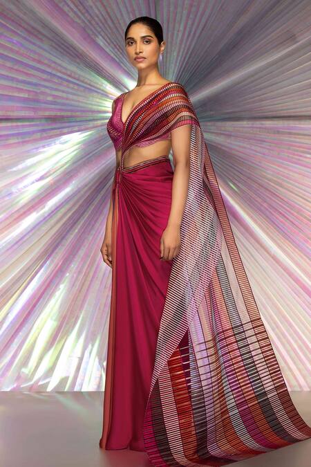 Buy Amit Aggarwal Pink Organza, Chiffon, Striped Structured Saree And Metallic Corded Blouse Set Online at Aza Fashions Buy_Amit Aggarwal_Pink Organza, Chiffon, Striped Structured Saree And Metallic Corded Blouse Set _Online_at_Aza_Fashions