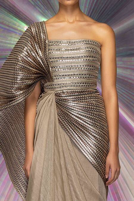 Buy_Amit Aggarwal_Gold Mesh, Striped Fabric Straight Metallic Structured Saree Gown _Online_at_Aza_Fashions