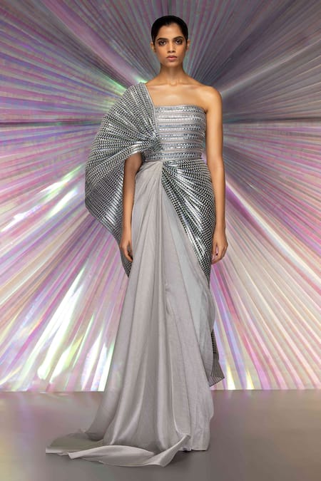 Amit Aggarwal_Silver Mesh, Striped Fabric Straight Metallic Structured Saree Gown _Online_at_Aza_Fashions