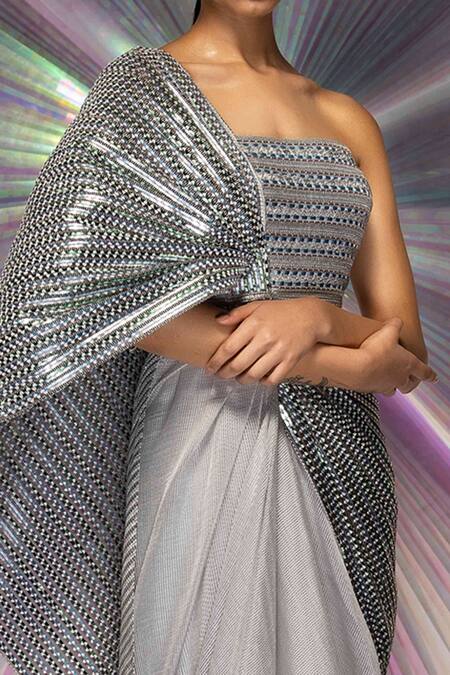 Buy_Amit Aggarwal_Silver Mesh, Striped Fabric Straight Metallic Structured Saree Gown _Online_at_Aza_Fashions