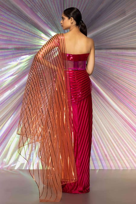 Shop Amit Aggarwal Pink Tulle, Jersey Stripes Sweetheart Metallic Ombre Winged Saree With Corset at Aza Fashions Shop_Amit Aggarwal_Pink Tulle, Jersey Stripes Sweetheart Metallic Ombre Winged Saree With Corset _at_Aza_Fashions