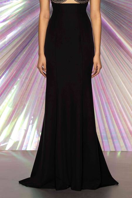 Shop_Amit Aggarwal_Black Stretch Crepe Metallic Plunge V Structured Blouse And Skirt Set _Online_at_Aza_Fashions