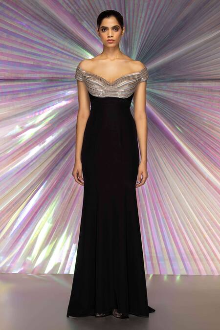 Buy Amit Aggarwal Black Stretch Crepe Metallic Sweetheart Neck Hand Embroidered Moulded Gown Online at Aza Fashions Buy_Amit Aggarwal_Black Stretch Crepe Metallic Sweetheart Neck Hand Embroidered Moulded Gown_Online_at_Aza_Fashions