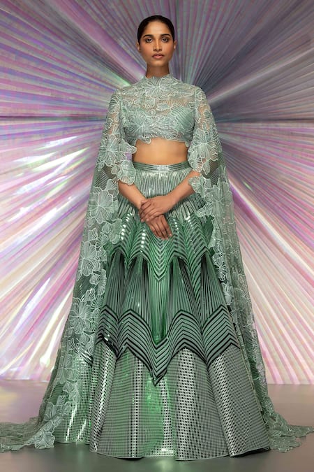 Amit Aggarwal Green Tulle, Lace, Mesh Fabric Chevron, Metallic Structured Lehenga And Blouse Set 