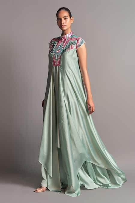 Amit Aggarwal Green Chiffon Mandarin Collar Metallic Draped Layered Dress  