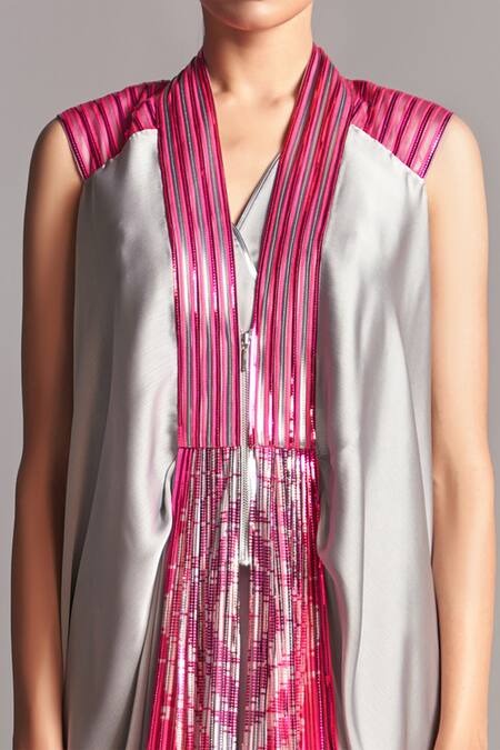 Buy_Amit Aggarwal_Grey Chiffon V Neck Metallic Jumpsuit With Draped Jacket _Online_at_Aza_Fashions