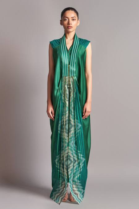 Amit Aggarwal_Green Chiffon V Neck Metallic Jumpsuit With Draped Jacket _Online_at_Aza_Fashions