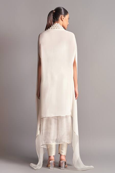 Shop_Amit Aggarwal_White Crepe V Neck Asymmetric Cape And Draped Pant Set_at_Aza_Fashions