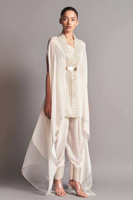 Amit Aggarwal_White Crepe V Neck Asymmetric Cape And Draped Pant Set_Online_at_Aza_Fashions