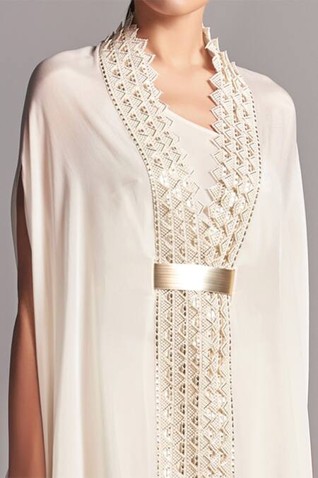 Buy_Amit Aggarwal_White Crepe V Neck Asymmetric Cape And Draped Pant Set_Online_at_Aza_Fashions