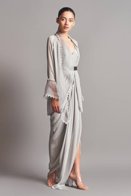 Amit Aggarwal_Grey Crepe Shawl Collar Embroidered Cape And Draped Skirt Set _Online_at_Aza_Fashions