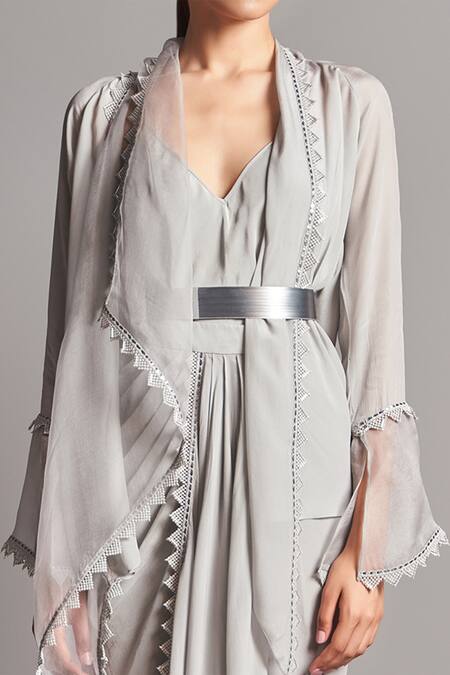 Buy_Amit Aggarwal_Grey Crepe Shawl Collar Embroidered Cape And Draped Skirt Set _Online_at_Aza_Fashions
