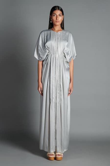 Amit Aggarwal_Grey Crinkled Chiffon Round Handwoven Kaftan Dress _Online_at_Aza_Fashions