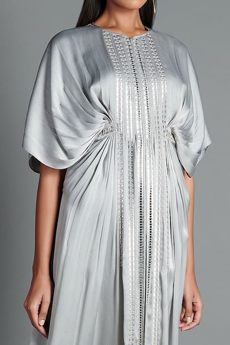 Buy_Amit Aggarwal_Grey Crinkled Chiffon Round Handwoven Kaftan Dress _Online_at_Aza_Fashions