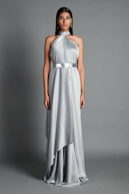 Amit Aggarwal Grey Georgette Halter Draped Dress Online at Aza Fashions Amit Aggarwal_Grey Georgette Halter Draped Dress _Online_at_Aza_Fashions