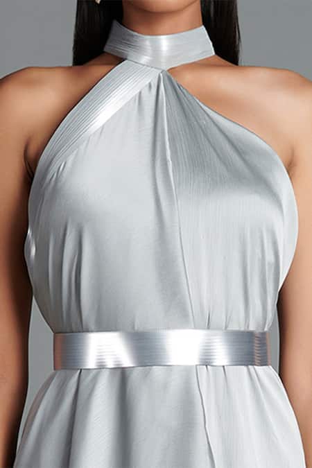 Buy Amit Aggarwal Grey Georgette Halter Draped Dress Online at Aza Fashions Buy_Amit Aggarwal_Grey Georgette Halter Draped Dress _Online_at_Aza_Fashions