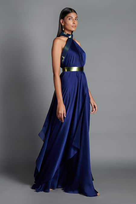 Amit Aggarwal Blue Georgette Embroidery Halter Draped Dress 