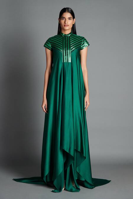 Amit Aggarwal_Green Crinkled Chiffon Stand Collar Metallic Draped Dress  _Online_at_Aza_Fashions