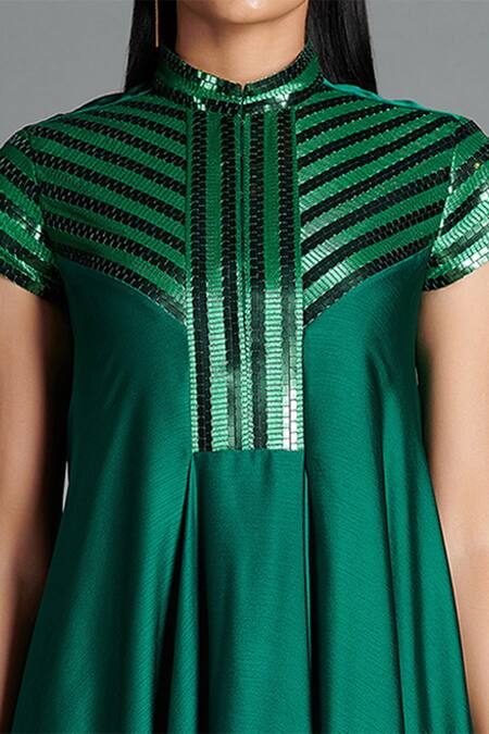 Buy_Amit Aggarwal_Green Crinkled Chiffon Stand Collar Metallic Draped Dress  _Online_at_Aza_Fashions