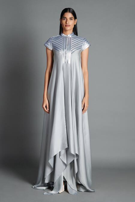 Amit Aggarwal Grey Crinkled Chiffon Stand Collar Metallic Draped Dress Online at Aza Fashions Amit Aggarwal_Grey Crinkled Chiffon Stand Collar Metallic Draped Dress _Online_at_Aza_Fashions