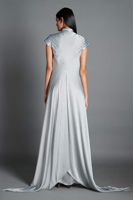 Shop Amit Aggarwal Grey Crinkled Chiffon Stand Collar Metallic Draped Dress at Aza Fashions Shop_Amit Aggarwal_Grey Crinkled Chiffon Stand Collar Metallic Draped Dress _at_Aza_Fashions