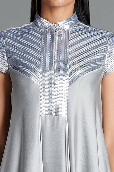 Buy Amit Aggarwal Grey Crinkled Chiffon Stand Collar Metallic Draped Dress Online at Aza Fashions Buy_Amit Aggarwal_Grey Crinkled Chiffon Stand Collar Metallic Draped Dress _Online_at_Aza_Fashions