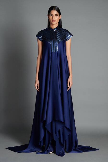 Amit Aggarwal_Blue Crinkled Chiffon Stand Collar Metallic Draped Dress  _Online_at_Aza_Fashions