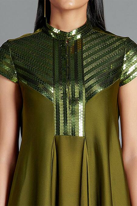 Buy_Amit Aggarwal_Green Crinkled Chiffon Stand Collar Metallic Draped Dress  _Online_at_Aza_Fashions