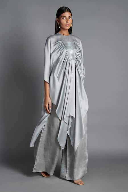 Amit Aggarwal Grey Crinkled Chiffon Embroidery Round Asymmetric Draped Tunic  