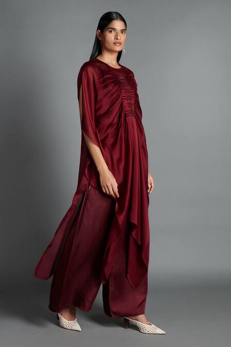 Buy Maroon Crinkled Chiffon Round Asymmetric Draped Tunic For