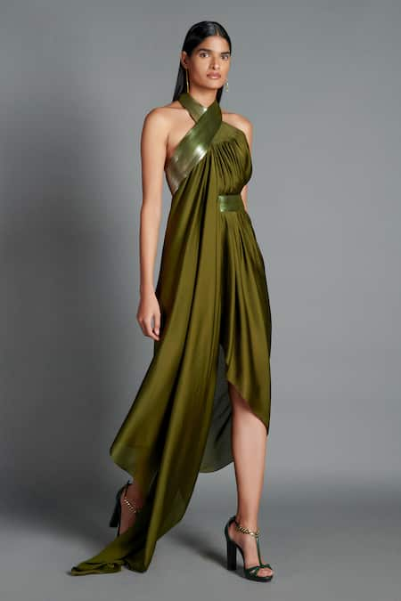 Metallic embroidered jersey clearance chiffon halter dress