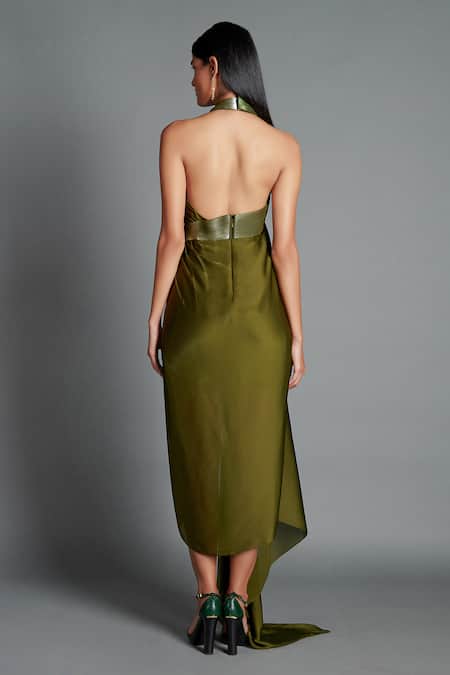 Shop Amit Aggarwal Green Crinkled Chiffon, Nylon Jersey Halter Metallic Draped Backless Dress at Aza Fashions Shop_Amit Aggarwal_Green Crinkled Chiffon, Nylon Jersey Halter Metallic Draped Backless Dress _at_Aza_Fashions