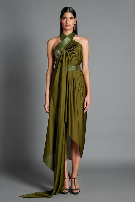 Amit Aggarwal Green Crinkled Chiffon, Nylon Jersey Halter Metallic Draped Backless Dress Online at Aza Fashions Amit Aggarwal_Green Crinkled Chiffon, Nylon Jersey Halter Metallic Draped Backless Dress _Online_at_Aza_Fashions