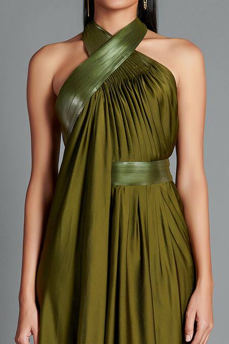 Buy Amit Aggarwal Green Crinkled Chiffon, Nylon Jersey Halter Metallic Draped Backless Dress Online at Aza Fashions Buy_Amit Aggarwal_Green Crinkled Chiffon, Nylon Jersey Halter Metallic Draped Backless Dress _Online_at_Aza_Fashions