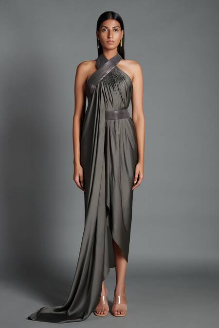 Amit Aggarwal_Grey Crinkled Chiffon, Nylon Jersey Halter Metallic Draped Backless Dress  _Online_at_Aza_Fashions