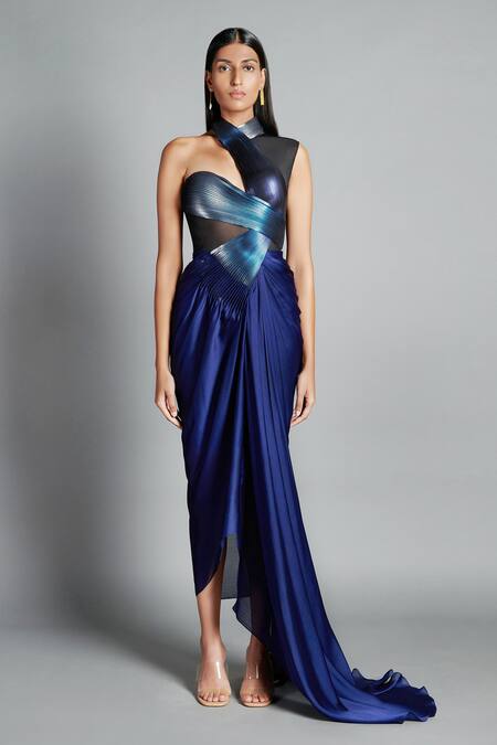 Amit Aggarwal Blue Crinkled Chiffon High Neck Collar Draped Trail Dress Online at Aza Fashions Amit Aggarwal_Blue Crinkled Chiffon High Neck Collar Draped Trail Dress _Online_at_Aza_Fashions