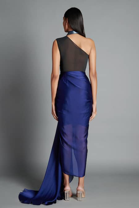 Shop Amit Aggarwal Blue Crinkled Chiffon High Neck Collar Draped Trail Dress at Aza Fashions Shop_Amit Aggarwal_Blue Crinkled Chiffon High Neck Collar Draped Trail Dress _at_Aza_Fashions