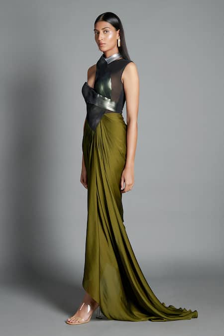 Amit Aggarwal Green Crinkled Chiffon High Neck Collar Draped Trail Dress