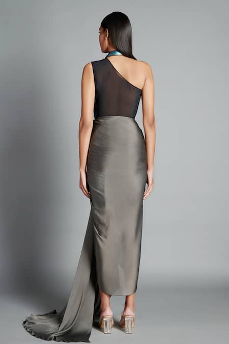 Shop Amit Aggarwal Grey Crinkled Chiffon High Neck Collar Draped Trail Dress at Aza Fashions Shop_Amit Aggarwal_Grey Crinkled Chiffon High Neck Collar Draped Trail Dress _at_Aza_Fashions