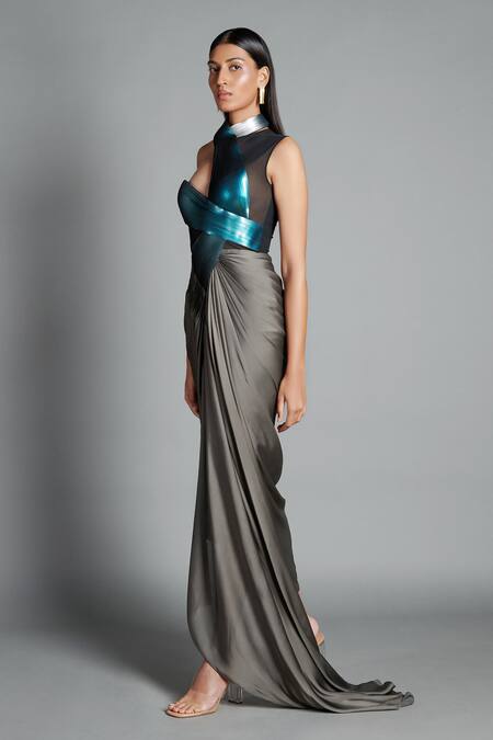 Amit Aggarwal Grey Crinkled Chiffon High Neck Collar Draped Trail Dress Online at Aza Fashions Amit Aggarwal_Grey Crinkled Chiffon High Neck Collar Draped Trail Dress _Online_at_Aza_Fashions