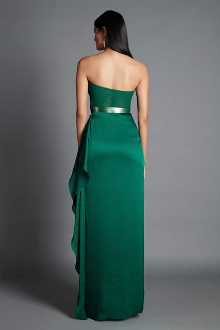 Shop_Amit Aggarwal_Green Crinkled Chiffon, Satin Lycra Metallic Draped Bandeau Gown _at_Aza_Fashions