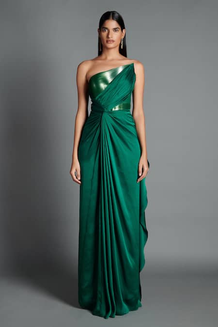 Amit Aggarwal_Green Crinkled Chiffon, Satin Lycra Metallic Draped Bandeau Gown _Online_at_Aza_Fashions