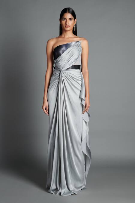 Amit Aggarwal Grey Crinkled Chiffon, Satin Lycra Metallic Draped Bandeau Gown Online at Aza Fashions Amit Aggarwal_Grey Crinkled Chiffon, Satin Lycra Metallic Draped Bandeau Gown _Online_at_Aza_Fashions